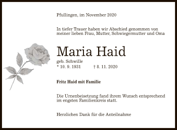 Anzeige von Maria Haid von Reutlinger General-Anzeiger