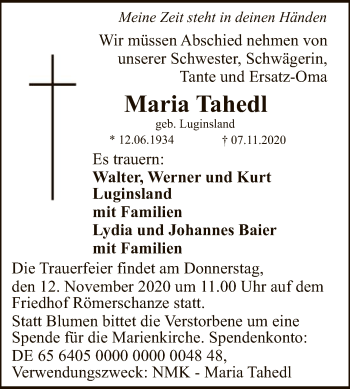 Anzeige von Maria Tahedl von Reutlinger General-Anzeiger