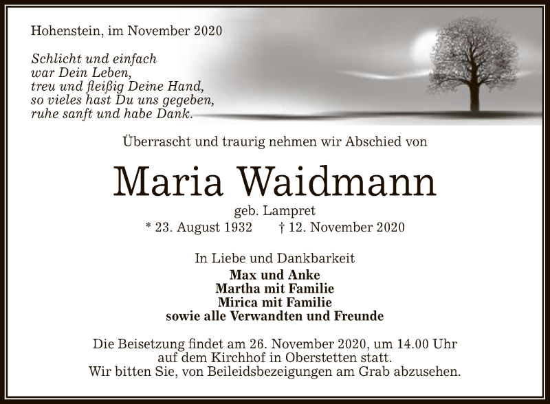  Traueranzeige für Maria Waidmann vom 23.11.2020 aus Reutlinger General-Anzeiger