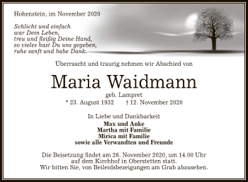 Anzeige von Maria Waidmann von Reutlinger General-Anzeiger