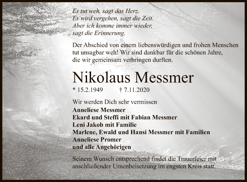  Traueranzeige für Nikolaus Messmer vom 14.11.2020 aus Reutlinger General-Anzeiger