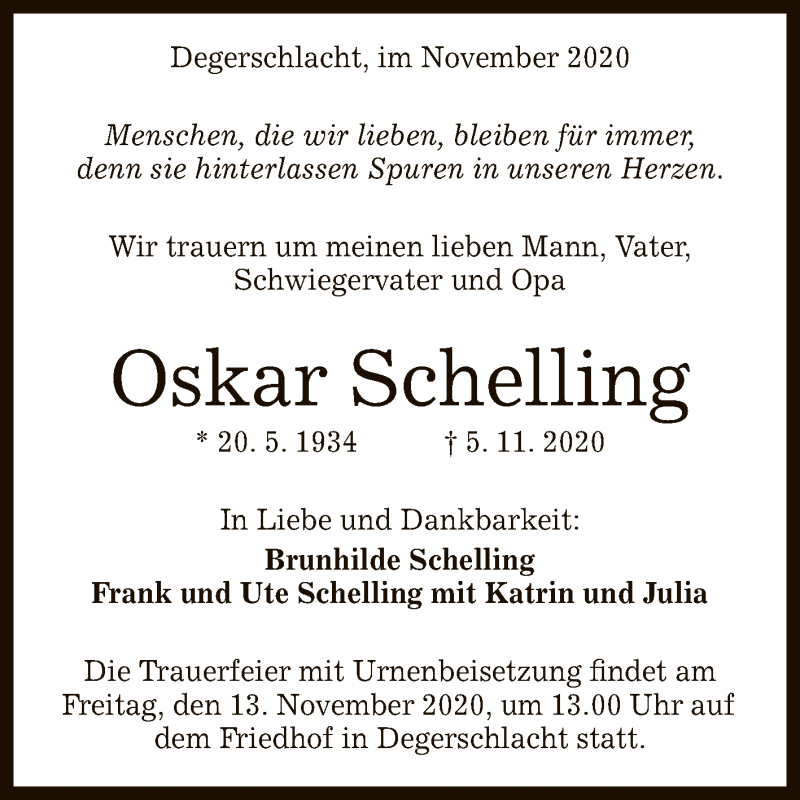  Traueranzeige für Oskar Schelling vom 11.11.2020 aus Reutlinger General-Anzeiger