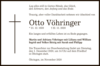 Anzeige von Otto Vöhringer von Reutlinger General-Anzeiger