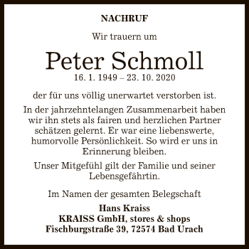 Anzeige von Peter Schmoll von Reutlinger General-Anzeiger