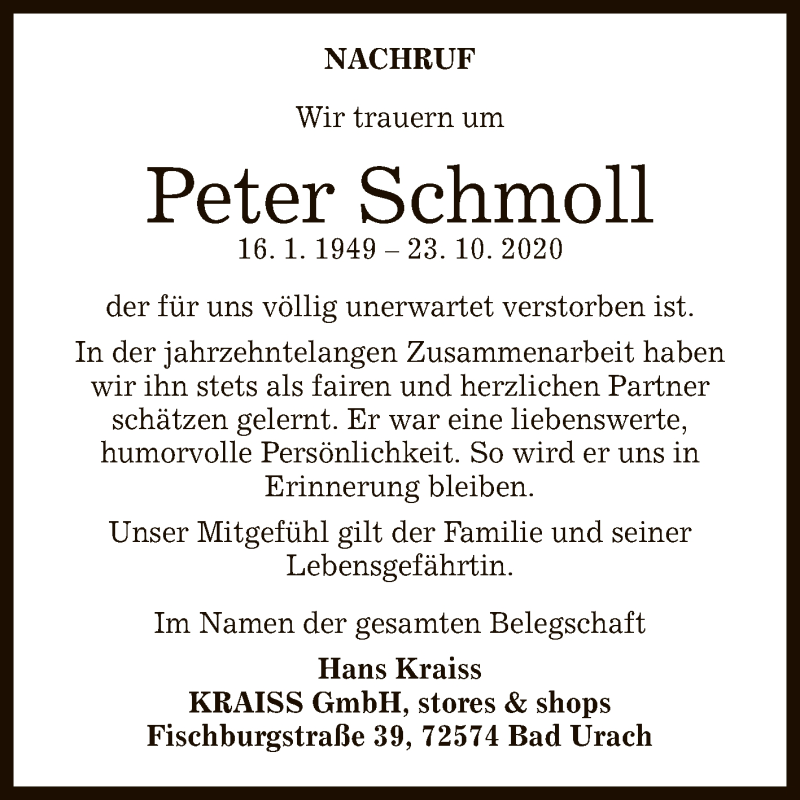  Traueranzeige für Peter Schmoll vom 14.11.2020 aus Reutlinger General-Anzeiger