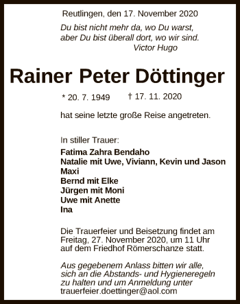 Anzeige von Rainer Peter Döttinger von Reutlinger General-Anzeiger