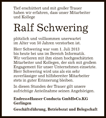 Anzeige von Ralf Schwering von Reutlinger General-Anzeiger