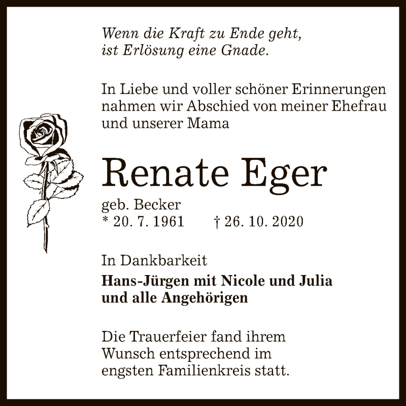  Traueranzeige für Renate Eger vom 07.11.2020 aus Reutlinger General-Anzeiger
