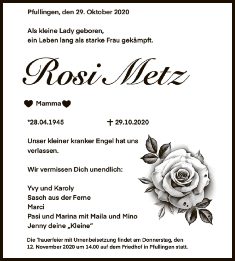  Traueranzeige für Rosi Metz vom 07.11.2020 aus Reutlinger General-Anzeiger