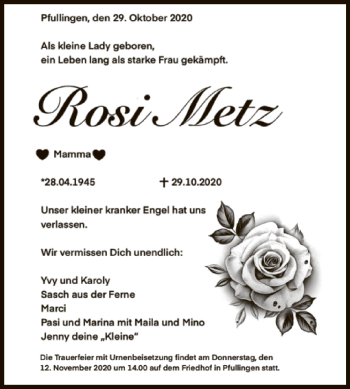 Anzeige von Rosi Metz von Reutlinger General-Anzeiger