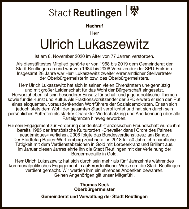  Traueranzeige für Ulrich Lukaszewitz vom 12.11.2020 aus Reutlinger General-Anzeiger