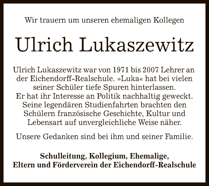  Traueranzeige für Ulrich Lukaszewitz vom 11.11.2020 aus Reutlinger General-Anzeiger