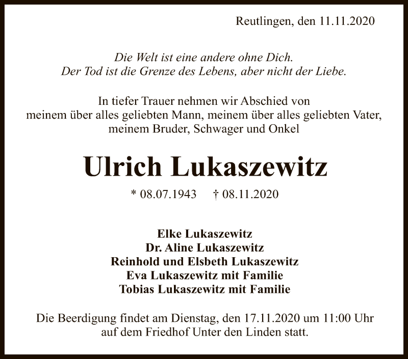  Traueranzeige für Ulrich Lukaszewitz vom 11.11.2020 aus Reutlinger General-Anzeiger
