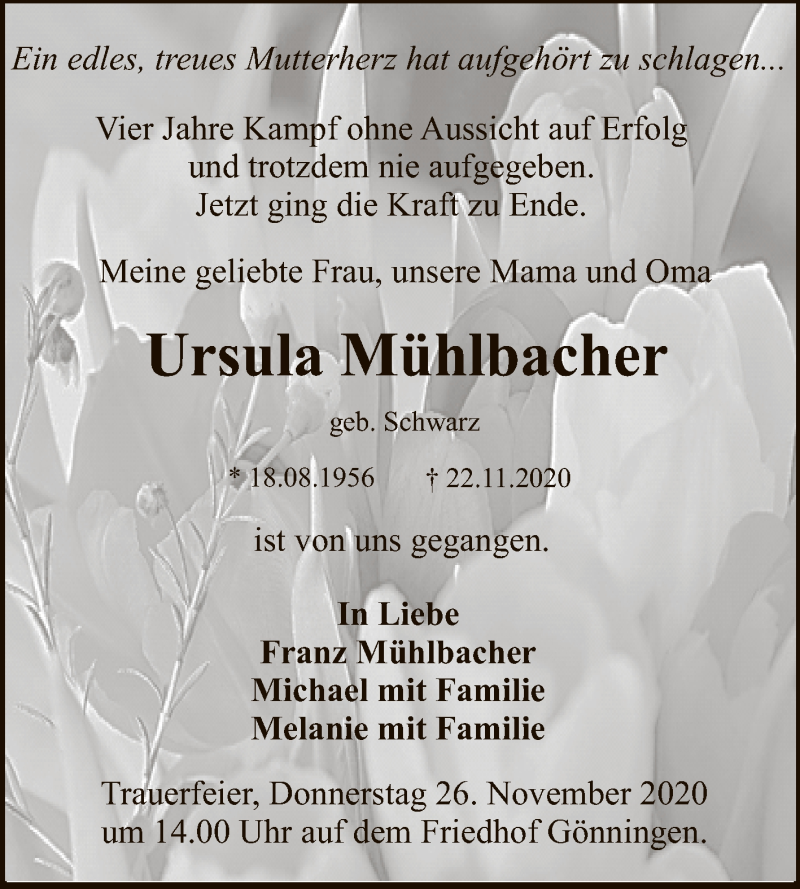  Traueranzeige für Ursula Mühlbacher vom 24.11.2020 aus Reutlinger General-Anzeiger