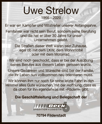 Anzeige von Uwe Strelow von Reutlinger General-Anzeiger