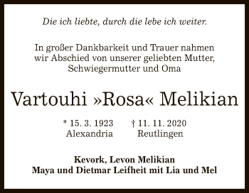 Anzeige von Vartouhi Melikian von Reutlinger General-Anzeiger