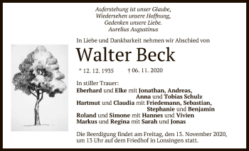 Anzeige von Walter Beck von Reutlinger General-Anzeiger