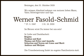 Anzeige von Werner Fasold-Schmid von Reutlinger General-Anzeiger