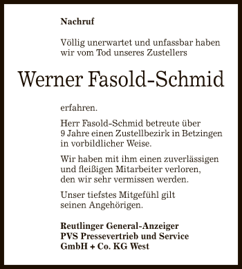 Anzeige von Werner Fasold-Schmid von Reutlinger General-Anzeiger