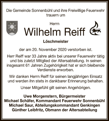 Anzeige von Wilhelm Reiff von Reutlinger General-Anzeiger