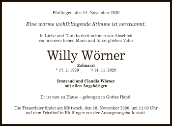 Anzeige von Willy Wörner von Reutlinger General-Anzeiger