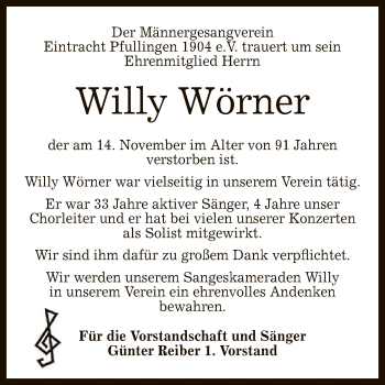 Anzeige von Willy Wörner von Reutlinger General-Anzeiger