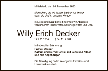 Anzeige von Willy Erich Decker von Reutlinger General-Anzeiger