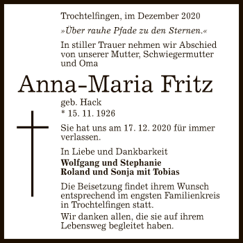 Anzeige von Anna-Maria Fritz von Reutlinger General-Anzeiger