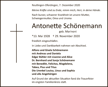 Anzeige von Antonette Schönemann von Reutlinger General-Anzeiger