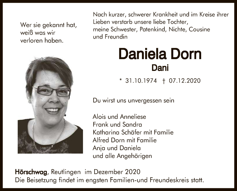  Traueranzeige für Daniela Dorn vom 14.12.2020 aus Reutlinger General-Anzeiger