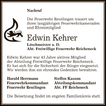 Anzeige von Edwin Kehrer von Reutlinger General-Anzeiger