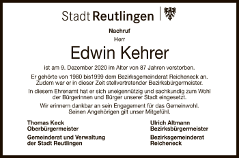 Anzeige von Edwin Kehrer von Reutlinger General-Anzeiger