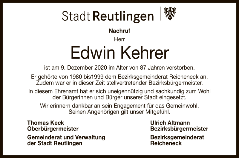  Traueranzeige für Edwin Kehrer vom 12.12.2020 aus Reutlinger General-Anzeiger