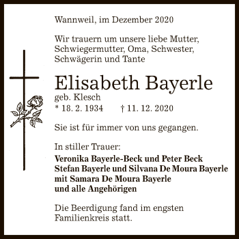 Anzeige von Elisabeth Bayerle von Reutlinger General-Anzeiger