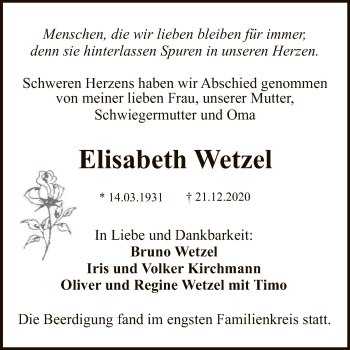 Anzeige von Elisabeth Wetzel von Reutlinger General-Anzeiger