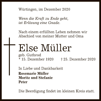 Anzeige von Else Müller von Reutlinger General-Anzeiger