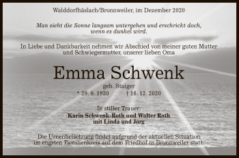 Anzeige von Emma Schwenk von Reutlinger General-Anzeiger