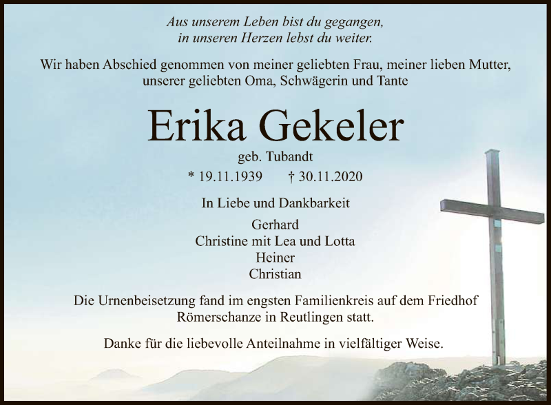  Traueranzeige für Erika Gekeler vom 12.12.2020 aus Reutlinger General-Anzeiger