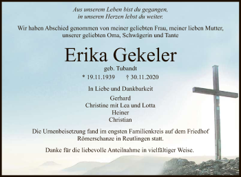 Anzeige von Erika Gekeler von Reutlinger General-Anzeiger