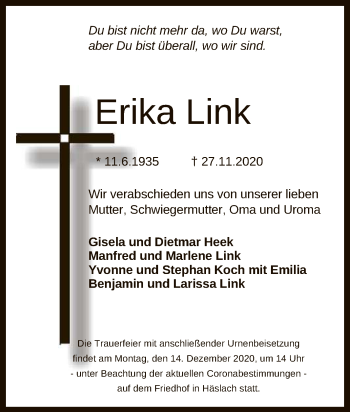 Anzeige von Erika Link von Reutlinger General-Anzeiger