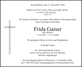 Anzeige von Frida Gaiser von Reutlinger General-Anzeiger
