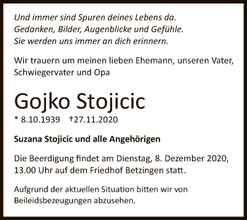 Anzeige von Gojko Stojicic von Reutlinger General-Anzeiger