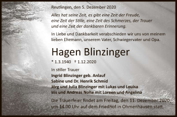 Anzeige von Hagen Blinzinger von Reutlinger General-Anzeiger