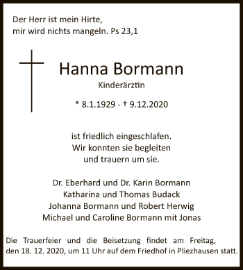 Anzeige von Hanna Bormann von Reutlinger General-Anzeiger