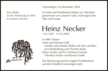 Anzeige von Heinz Necker von Reutlinger General-Anzeiger