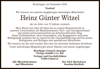 Anzeige von Heinz Günter Witzel von Reutlinger General-Anzeiger