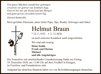 Anzeige von Helmut Braun von Reutlinger General-Anzeiger