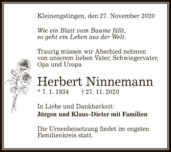 Anzeige von Herbert Ninnemann von Reutlinger General-Anzeiger