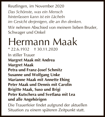 Anzeige von Hermann Maak von Reutlinger General-Anzeiger