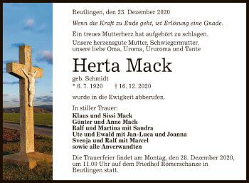 Anzeige von Herta Mack von Reutlinger General-Anzeiger